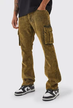 Slim Flare Acid Wash Cargo Cord Pants Khaki
