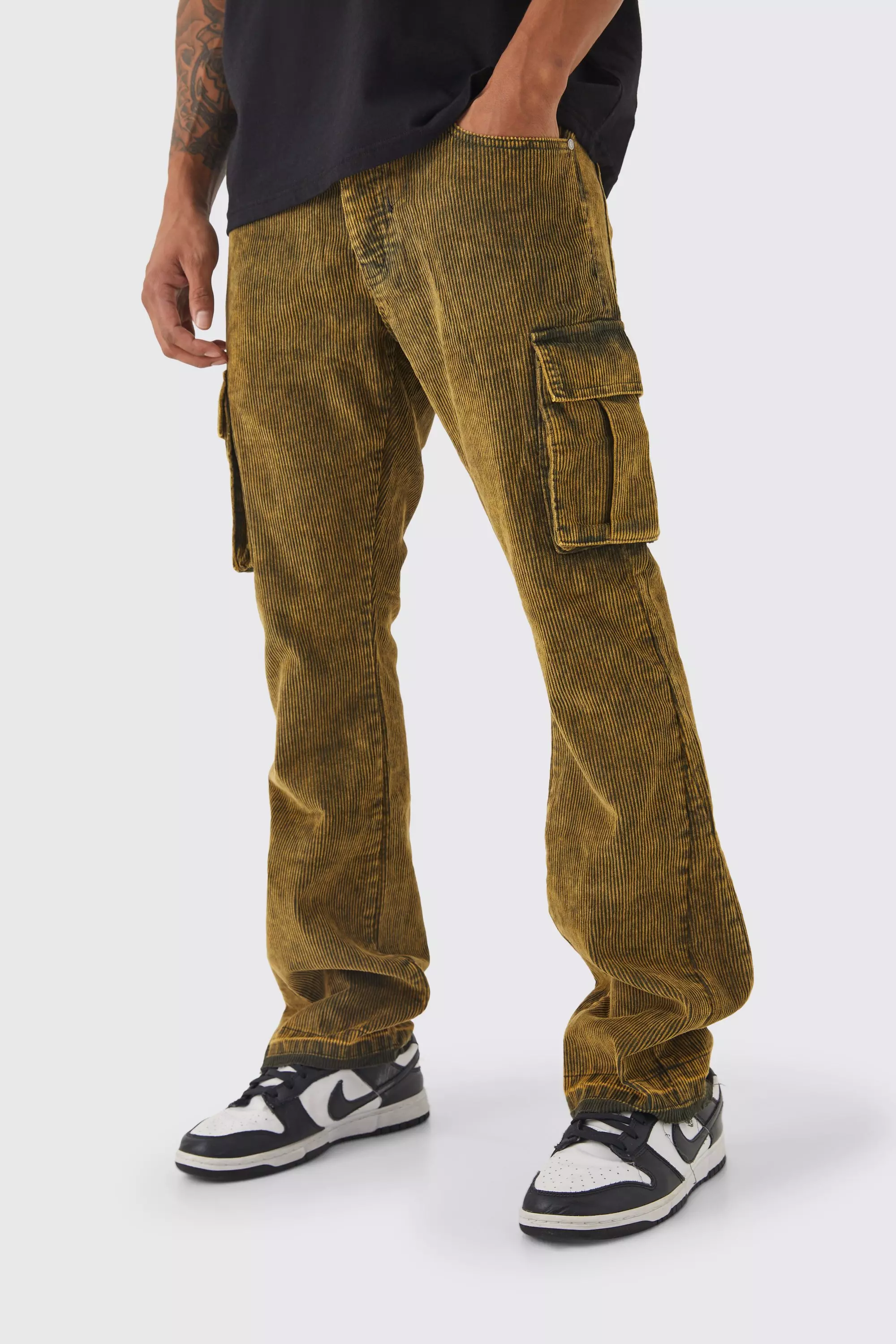 Khaki Slim Flare Acid Wash Cargo Cord Pants