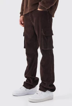 Chocolate Brown Slim Flare Acid Wash Cargo Cord Trouser
