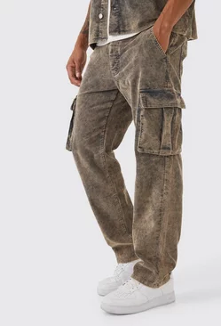 Grey Relaxed Acid Wash Cord Cargo Pants