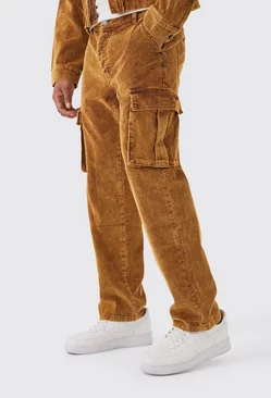 Relaxed Acid Wash Cord Cargo Pants Chocolate