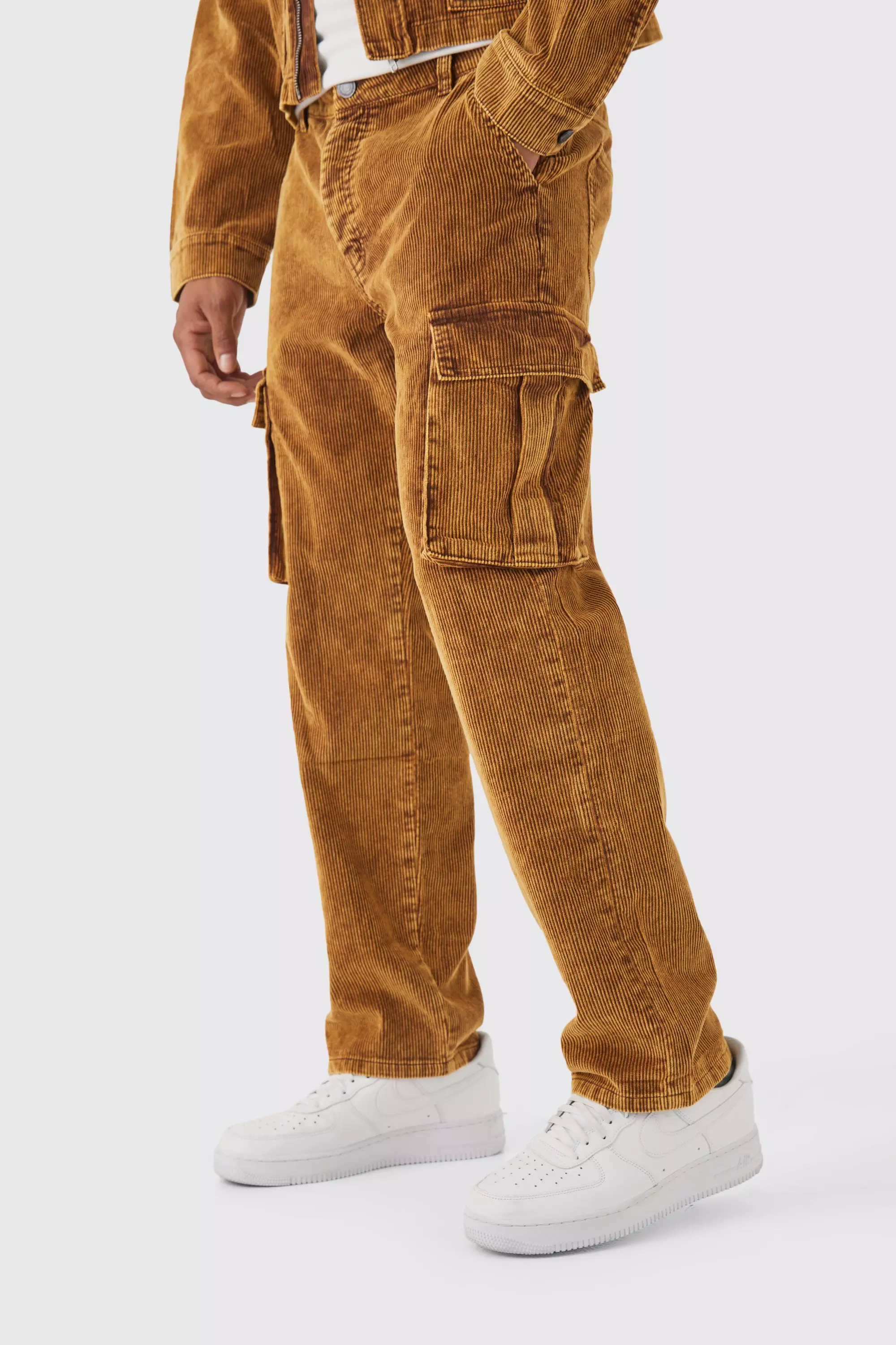 Chocolate Brown Relaxed Acid Wash Cord Cargo Pants