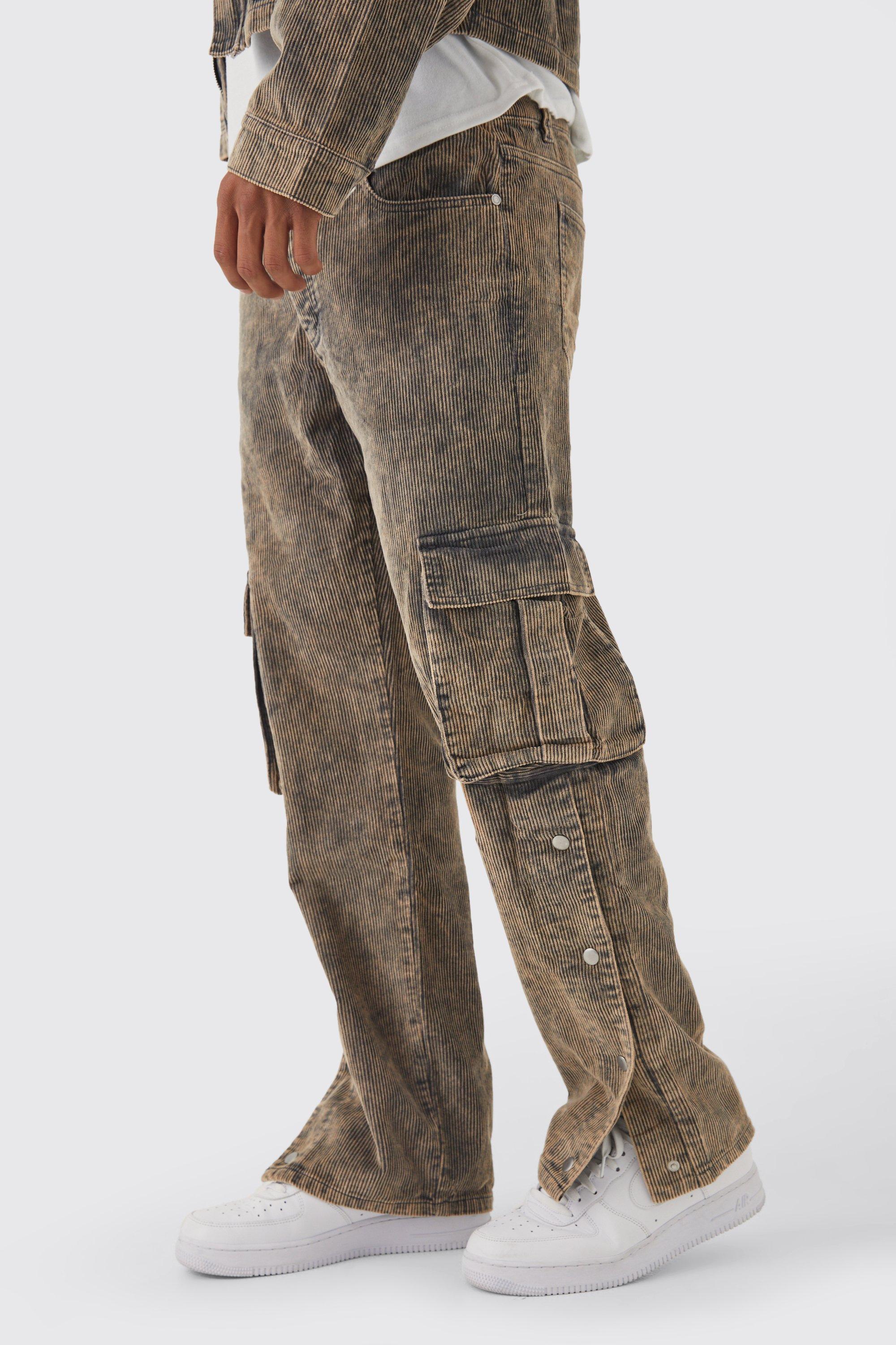 Relaxed Acid Wash Cord Cargo Popper Hem Pants