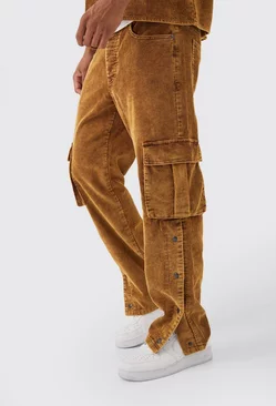 Relaxed Acid Wash Cord Cargo Popper Hem Pants Chocolate