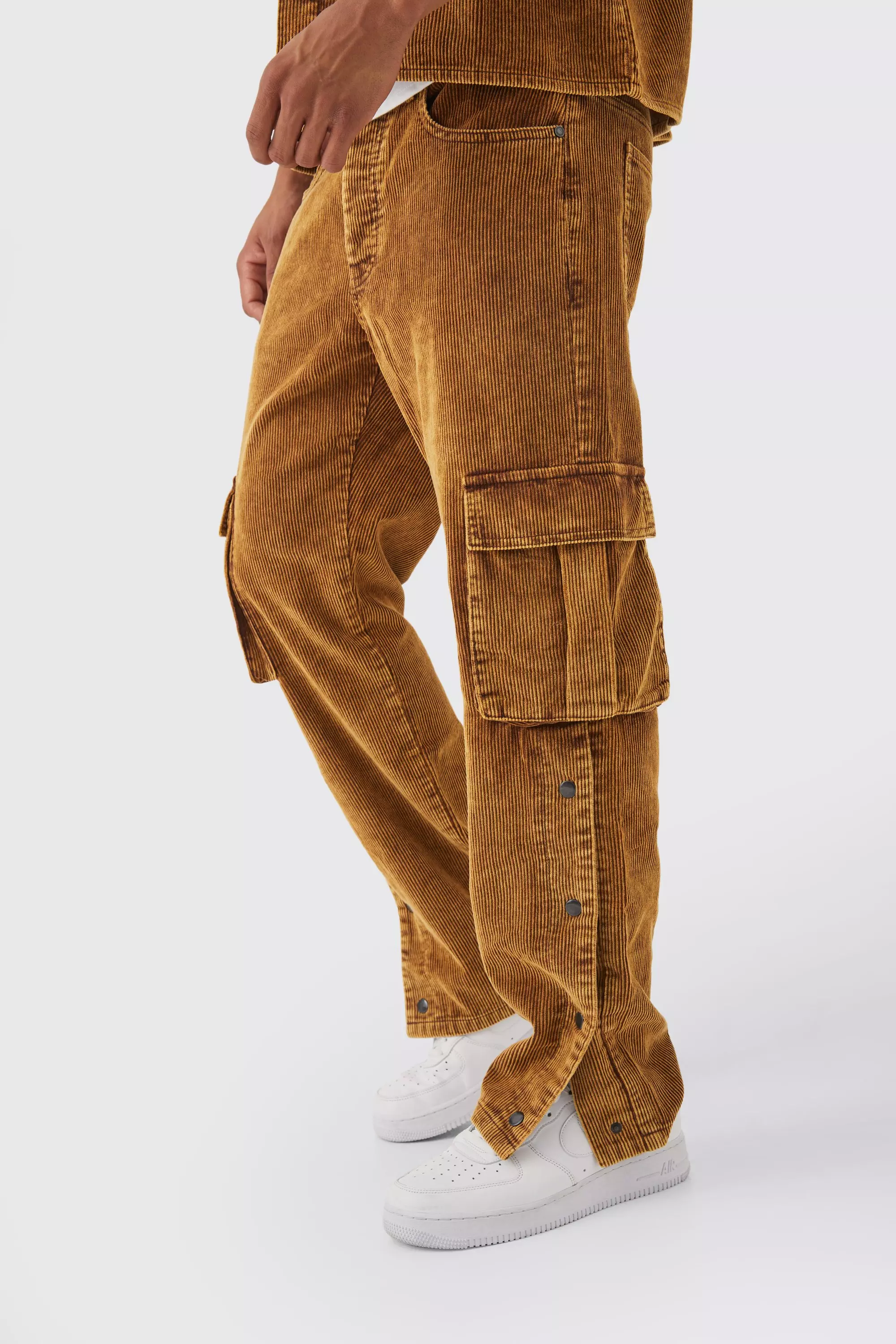 Relaxed Acid Wash Cord Cargo Popper Hem Pants Chocolate