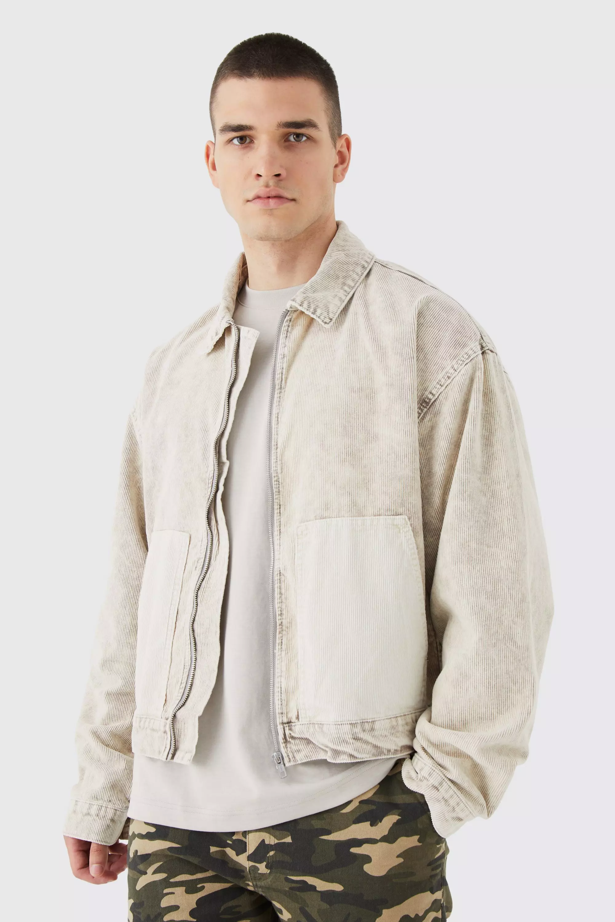 Stone Beige Tall Boxy Colour Block Acid Wash Cord Jacket