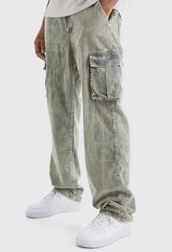 Tall Relaxed Acid Wash Cord Cargo Pants Khaki