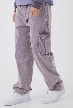 Tall Relaxed Acid Wash Cord Cargo Pants Purple