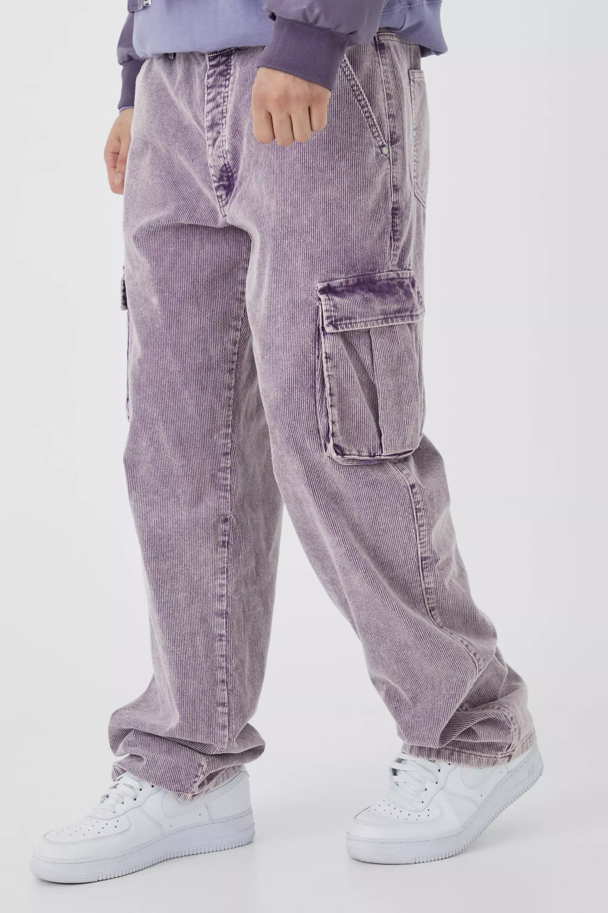 Purple Tall Relaxed Acid Wash Cord Cargo Pants