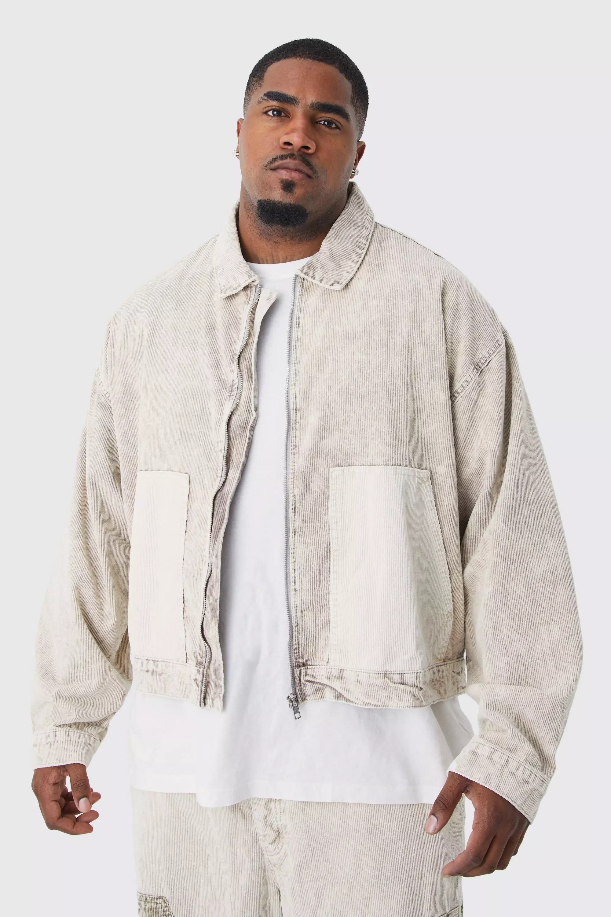 Stone Beige Plus Boxy Colour Block Acid Wash Cord Jacket