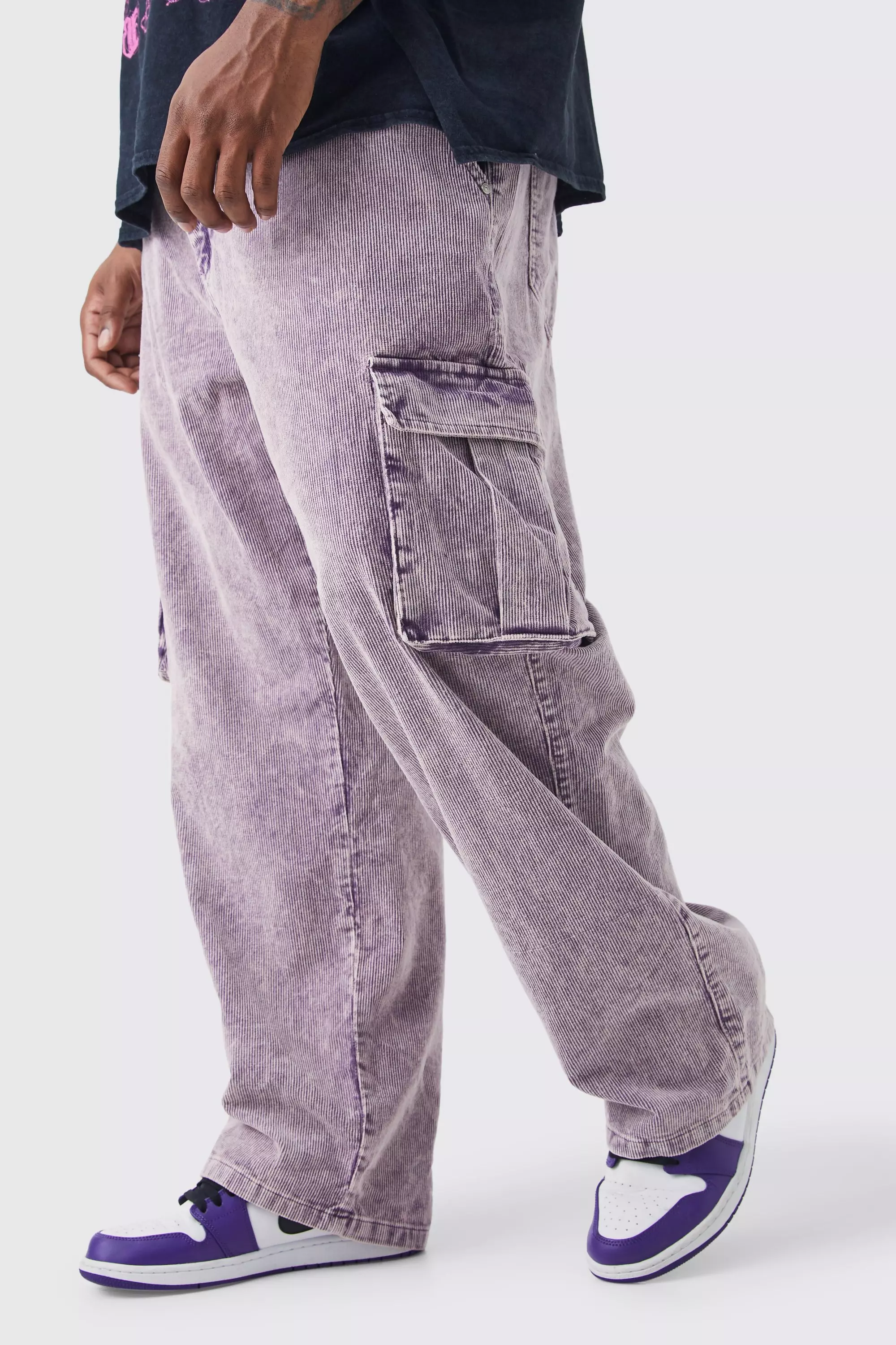 Plus Relaxed Acid Wash Cord Cargo Pants Purple