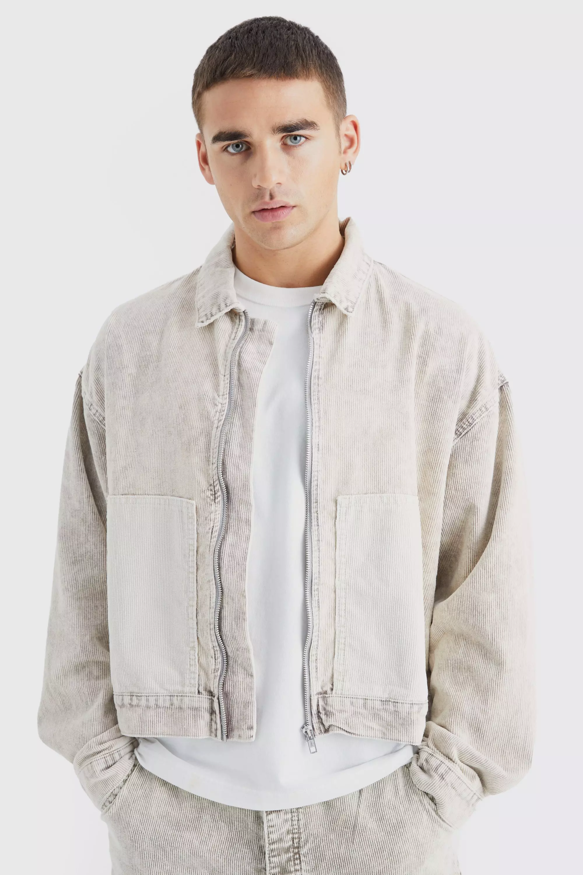 Stone Beige Boxy Colour Block Acid Wash Corduroy Jacket