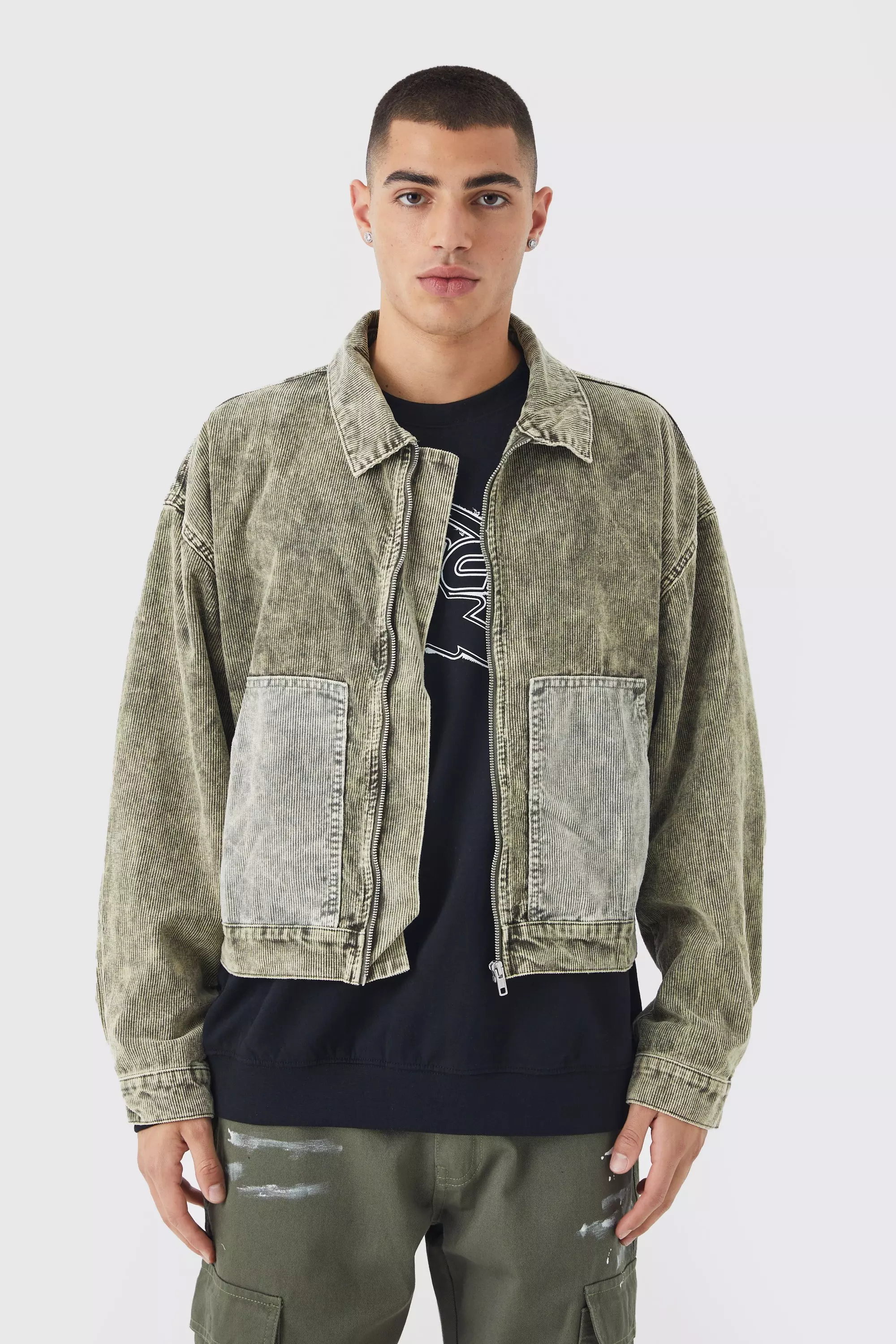 Khaki Boxy Colour Block Acid Wash Cord Jacket