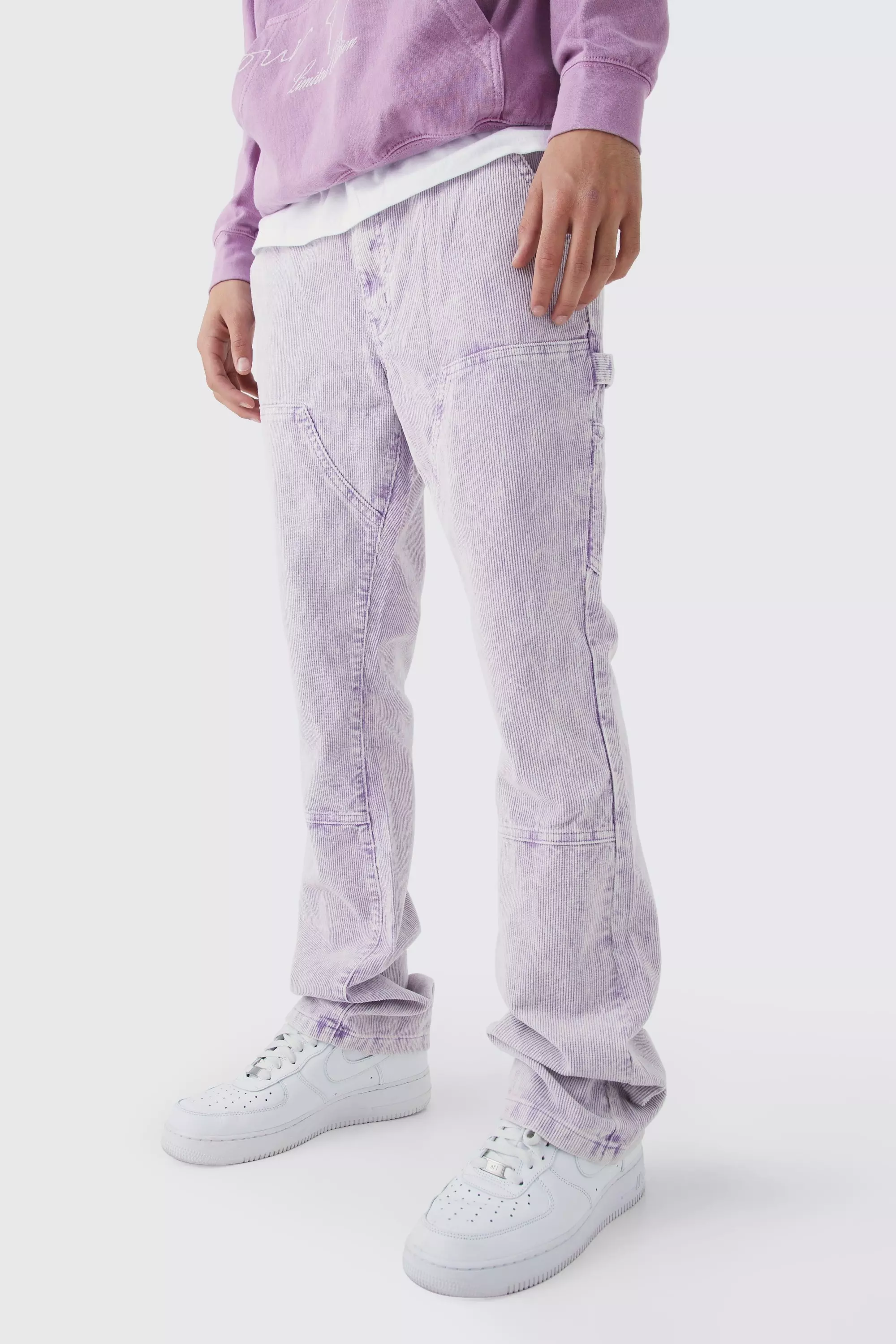 Purple Slim Flare Acid Wash Cord Pants
