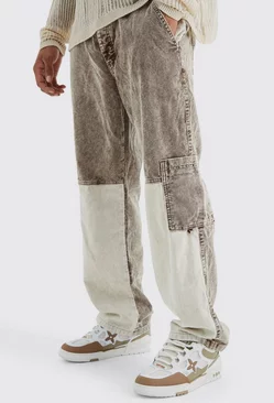 Chocolate Brown Relaxed Colour Block Acid Wash Cord Cargo Pants