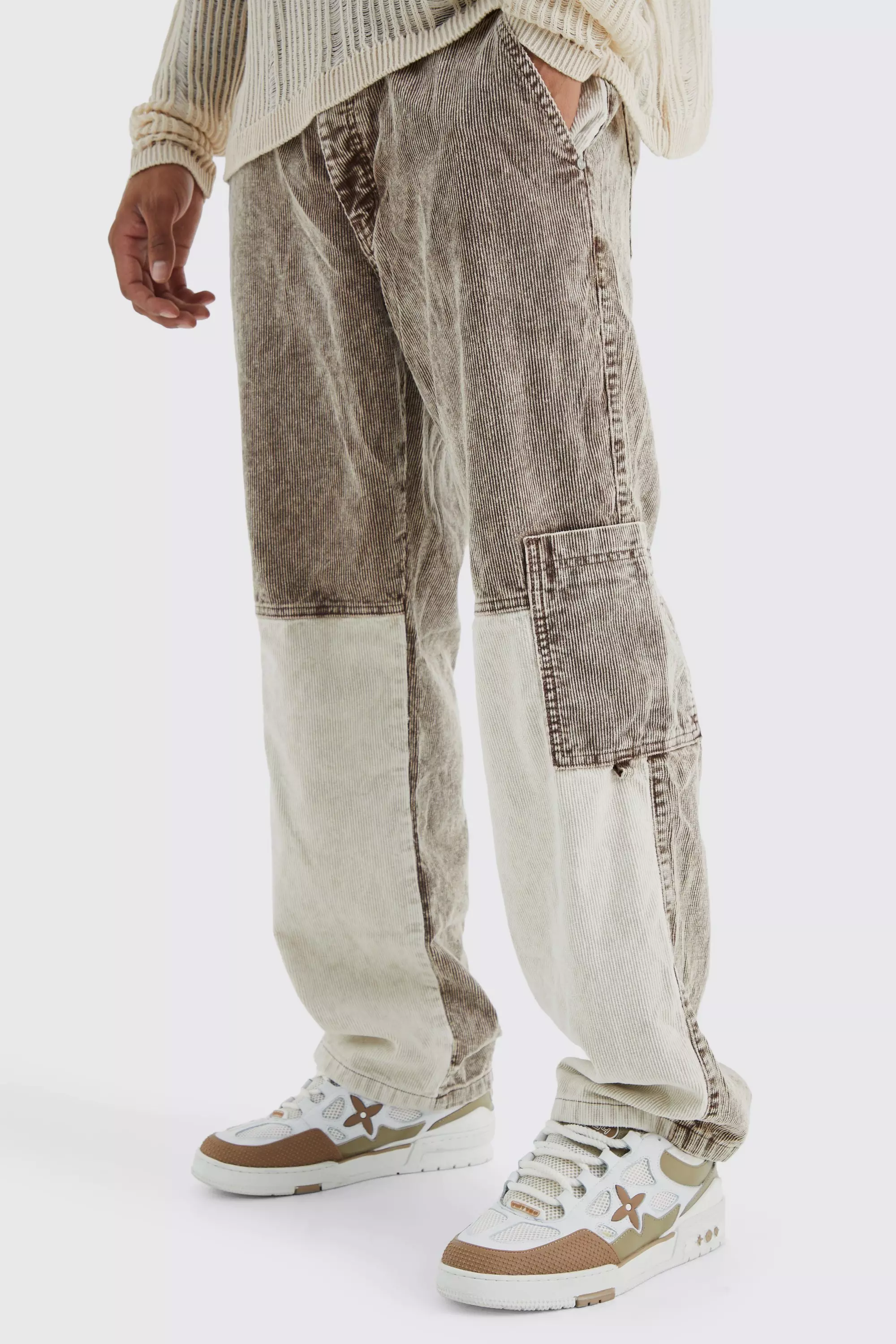 Chocolate Brown Relaxed Colour Block Acid Wash Cord Cargo Pants