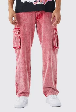 Red Relaxed Acid Wash Cord Cargo Pants