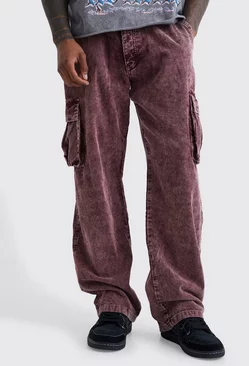 Relaxed Acid Wash Cord Cargo Pants Plum