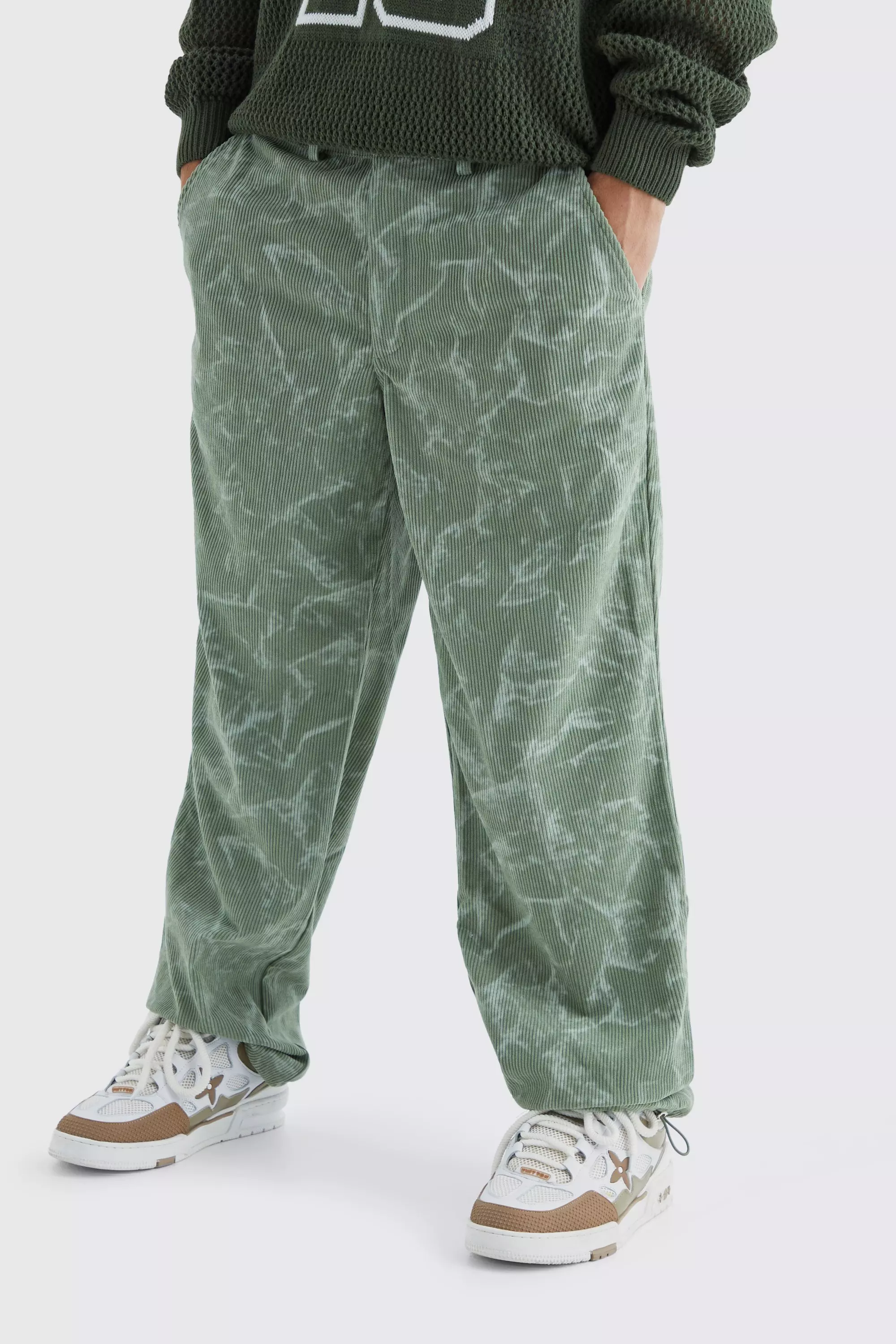 Green Fixed Waist Relaxed Tie Dye Cord Pants