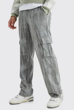 Grey Fixed Waist Relaxed Tie Dye Cargo Cord Pants
