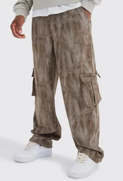 Fixed Waist Relaxed Tie Dye Cargo Cord Pants Brown