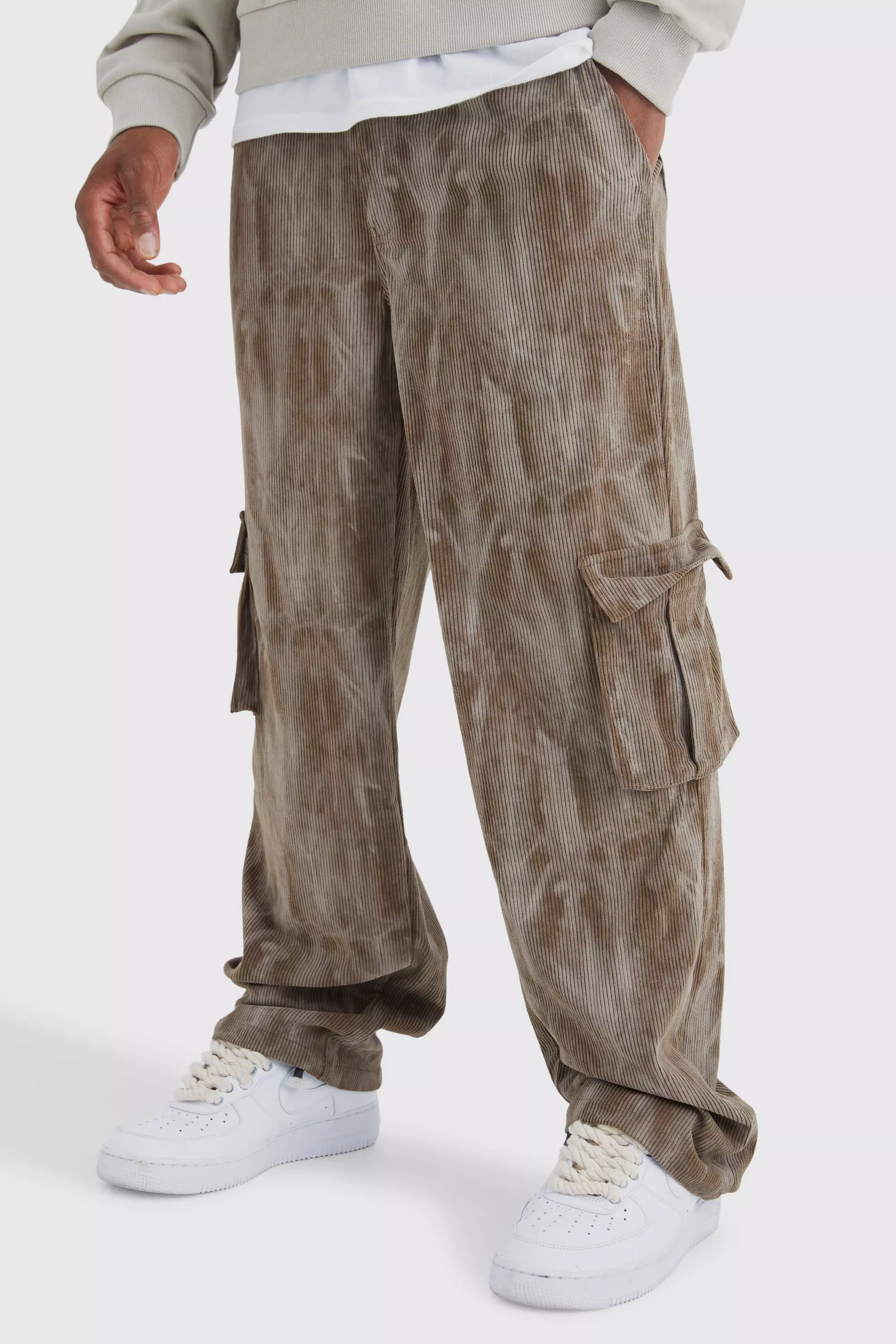 Fixed Waist Relaxed Tie Dye Cargo Cord Pants Brown