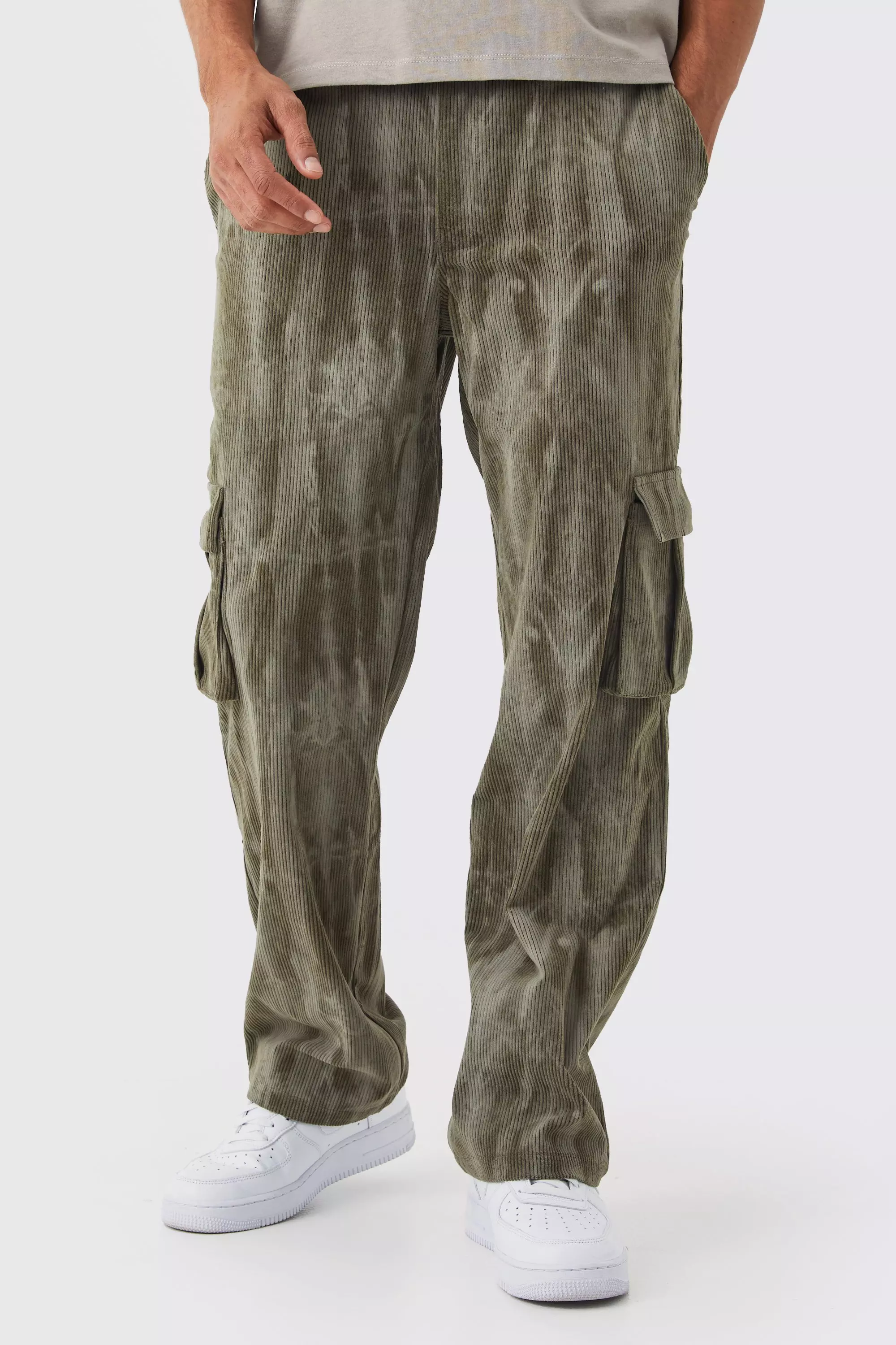 Sage Green Fixed Waist Relaxed Tie Dye Cargo Cord Pants