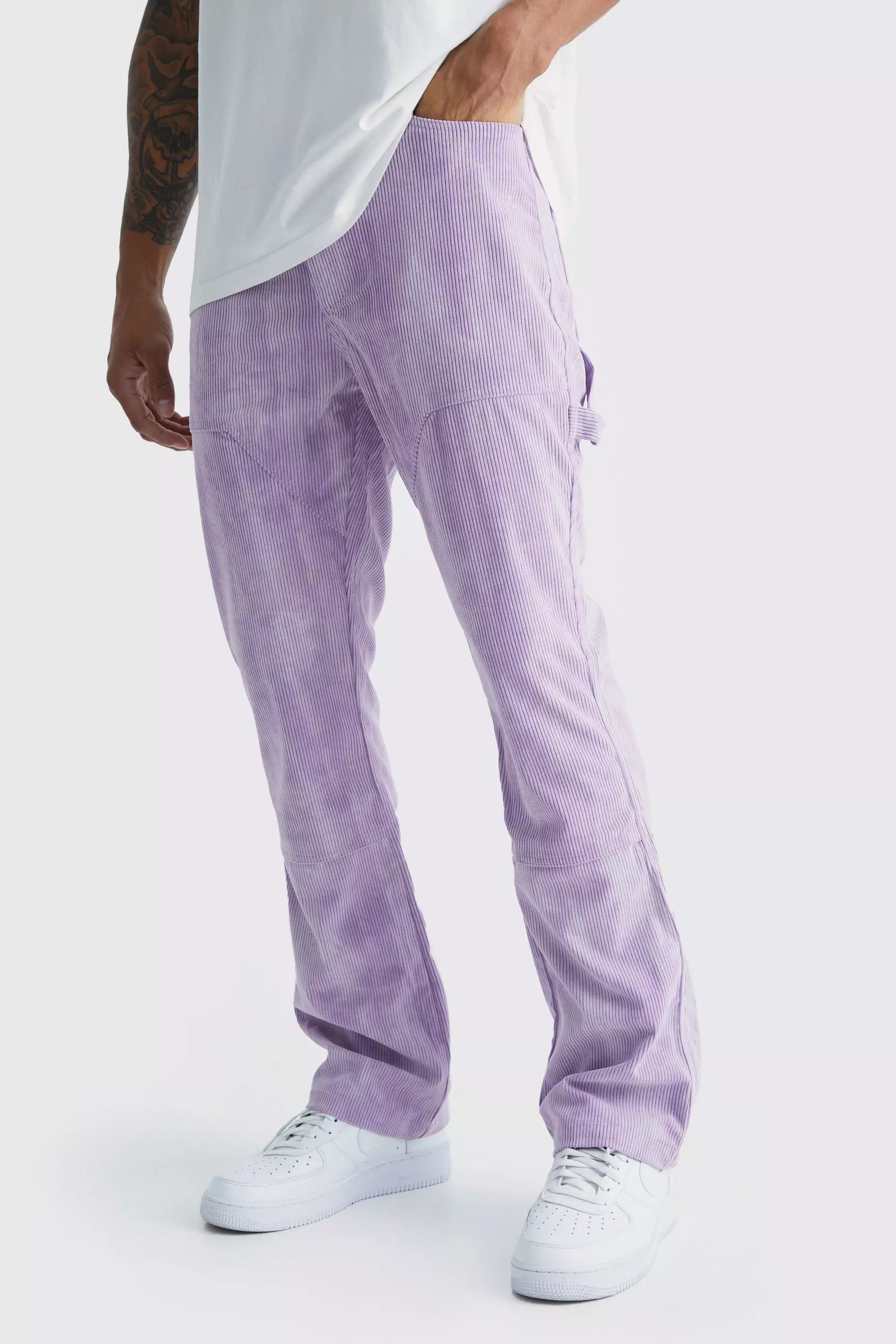 Purple Fixed Waist Slim Flare Tie Dye Cord Pants