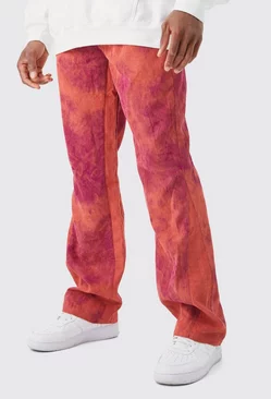 Pink Fixed Waist Slim Flare Gusset Tie Dye Cord Pants