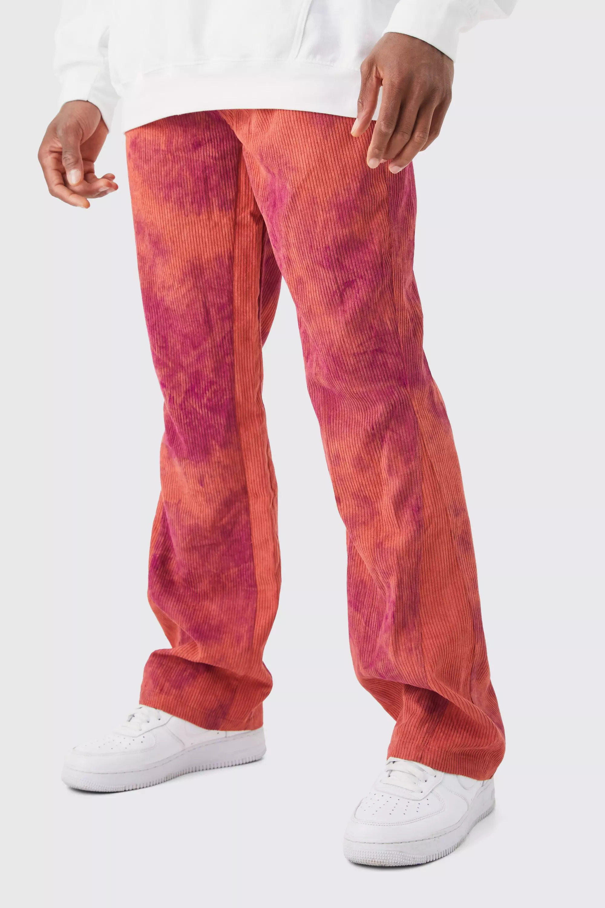 Fixed Waist Slim Flare Gusset Tie Dye Cord Pants Pink