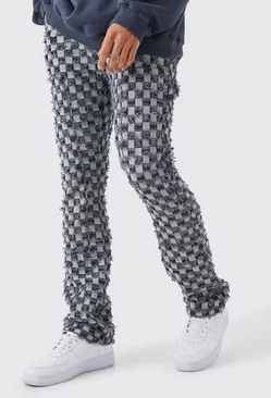 Charcoal Grey Fixed Waist Slim Flare Checked Tapestry Gusset Pants