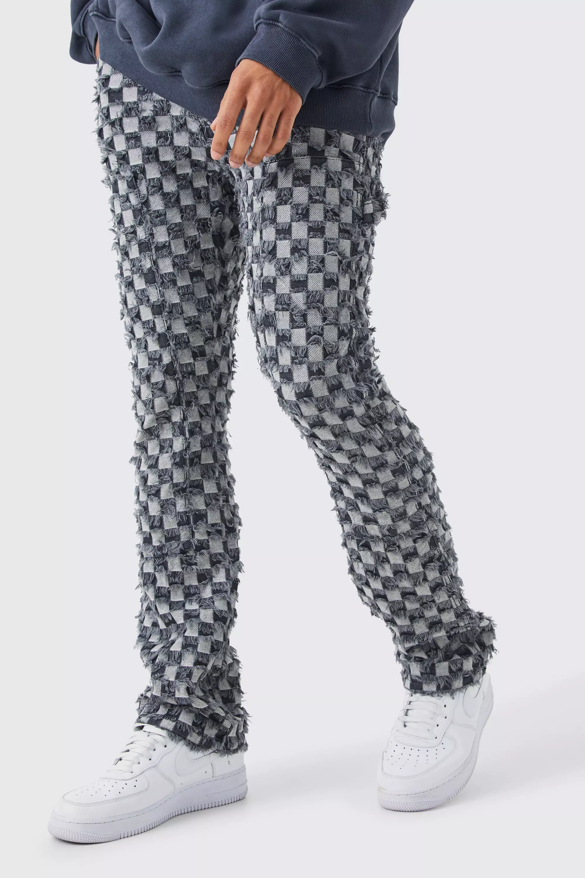 Charcoal Grey Fixed Waist Slim Flare Checked Tapestry Gusset Pants