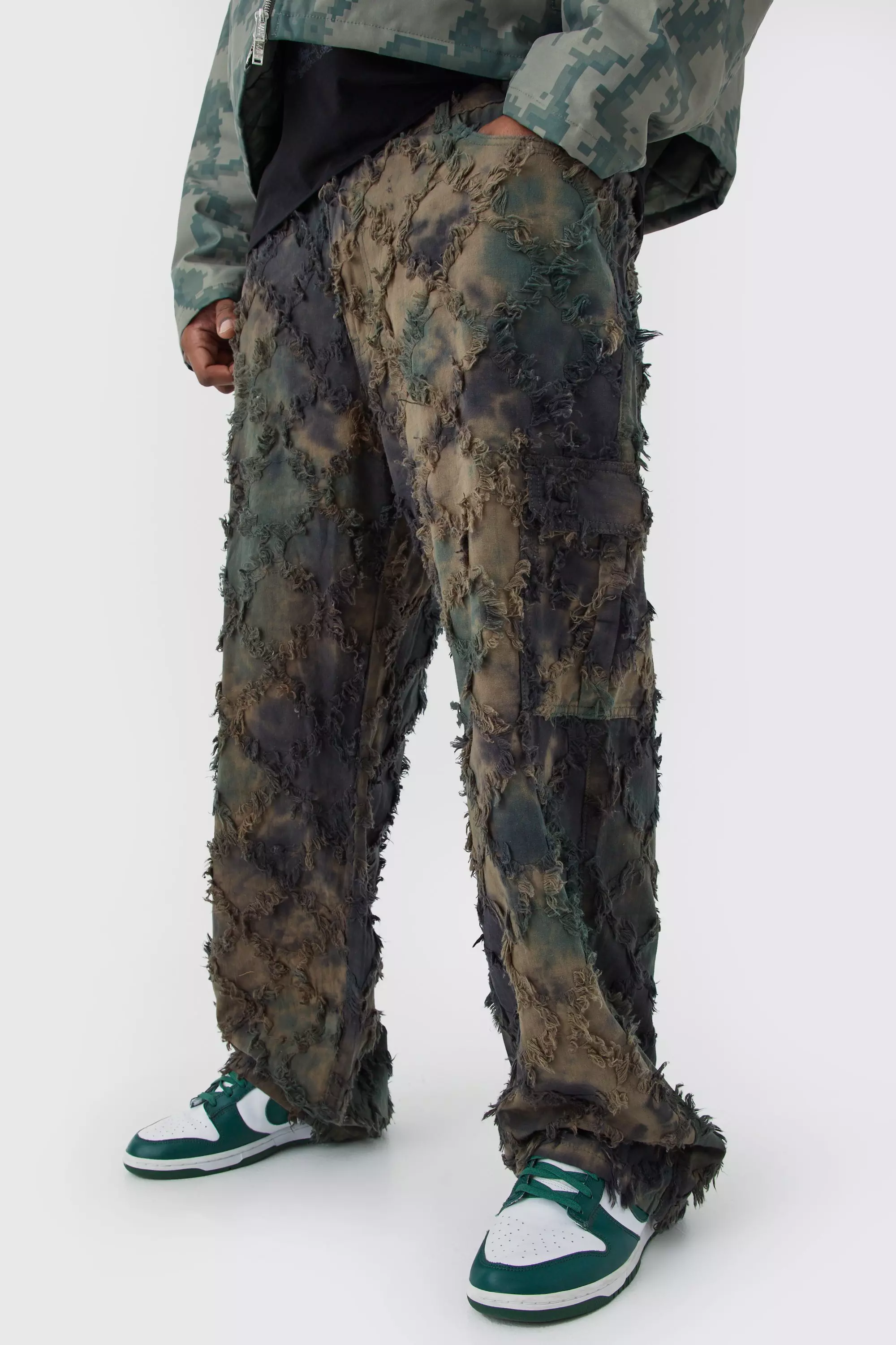 Plus Fixed Waist Relaxed Oil Camo Cargo Tapestry Pants Olive