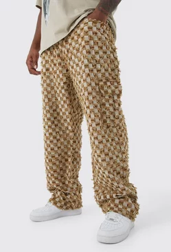 Plus Fixed Waist Relaxed Checked Tapestry Pants Chocolate