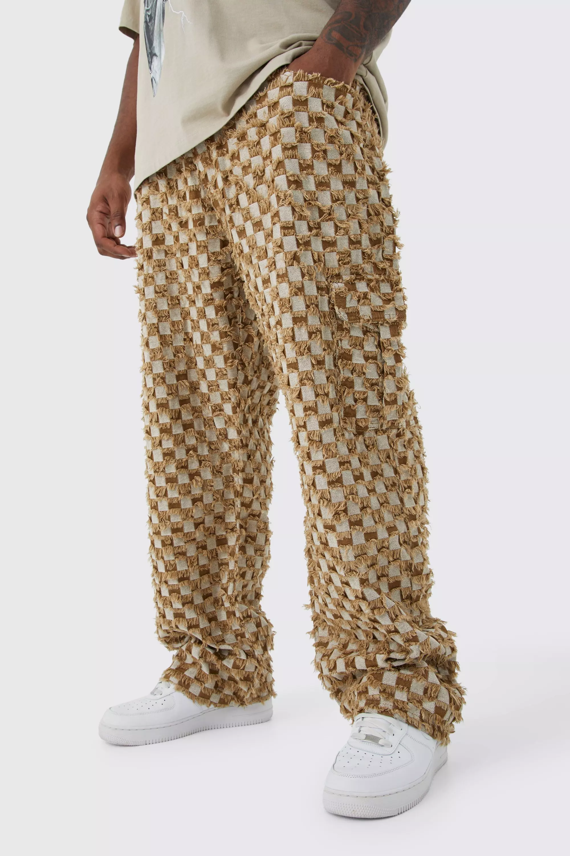 Plus Fixed Waist Relaxed Checked Tapestry Pants Chocolate