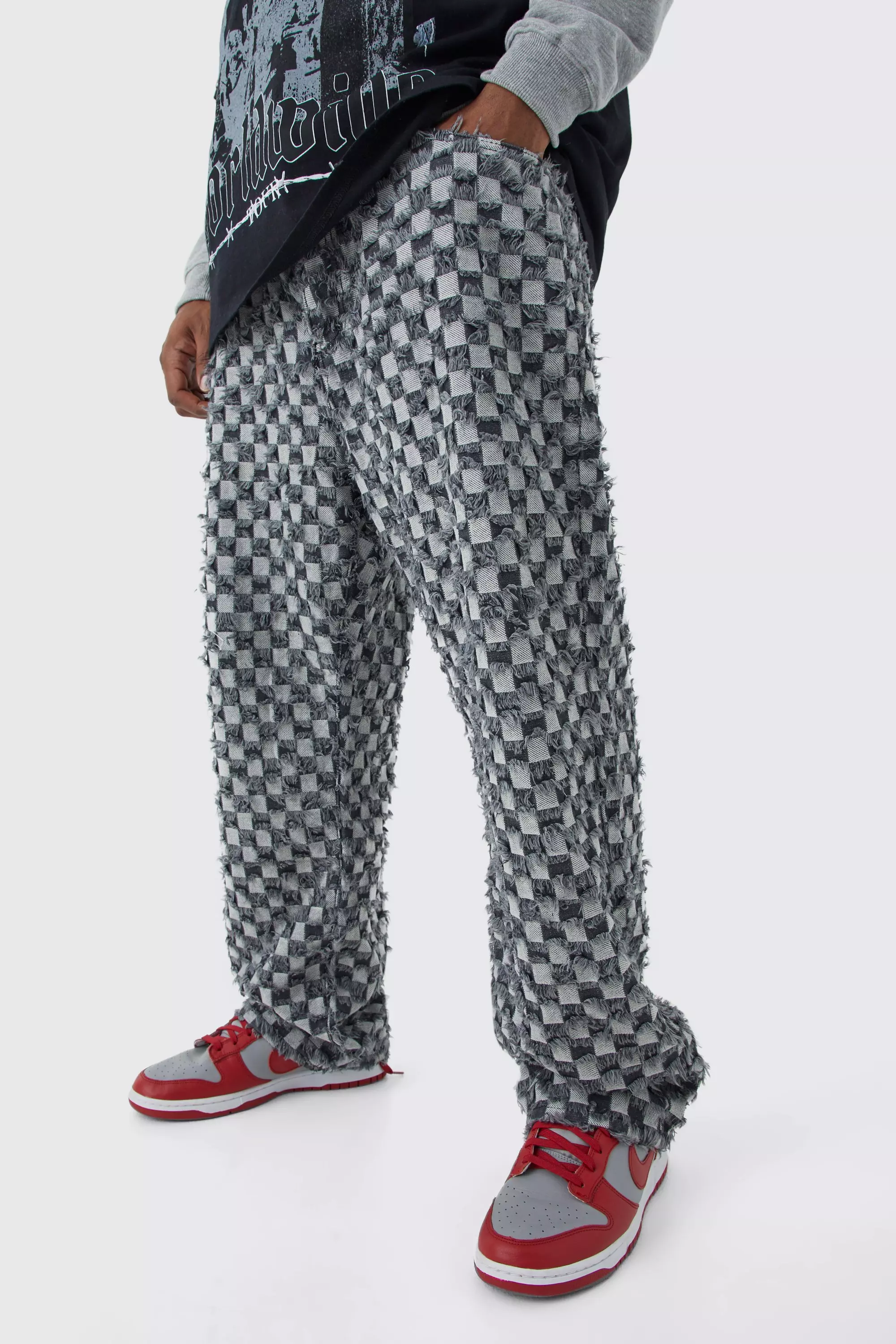Plus Fixed Waist Relaxed Checked Tapestry Pants Charcoal