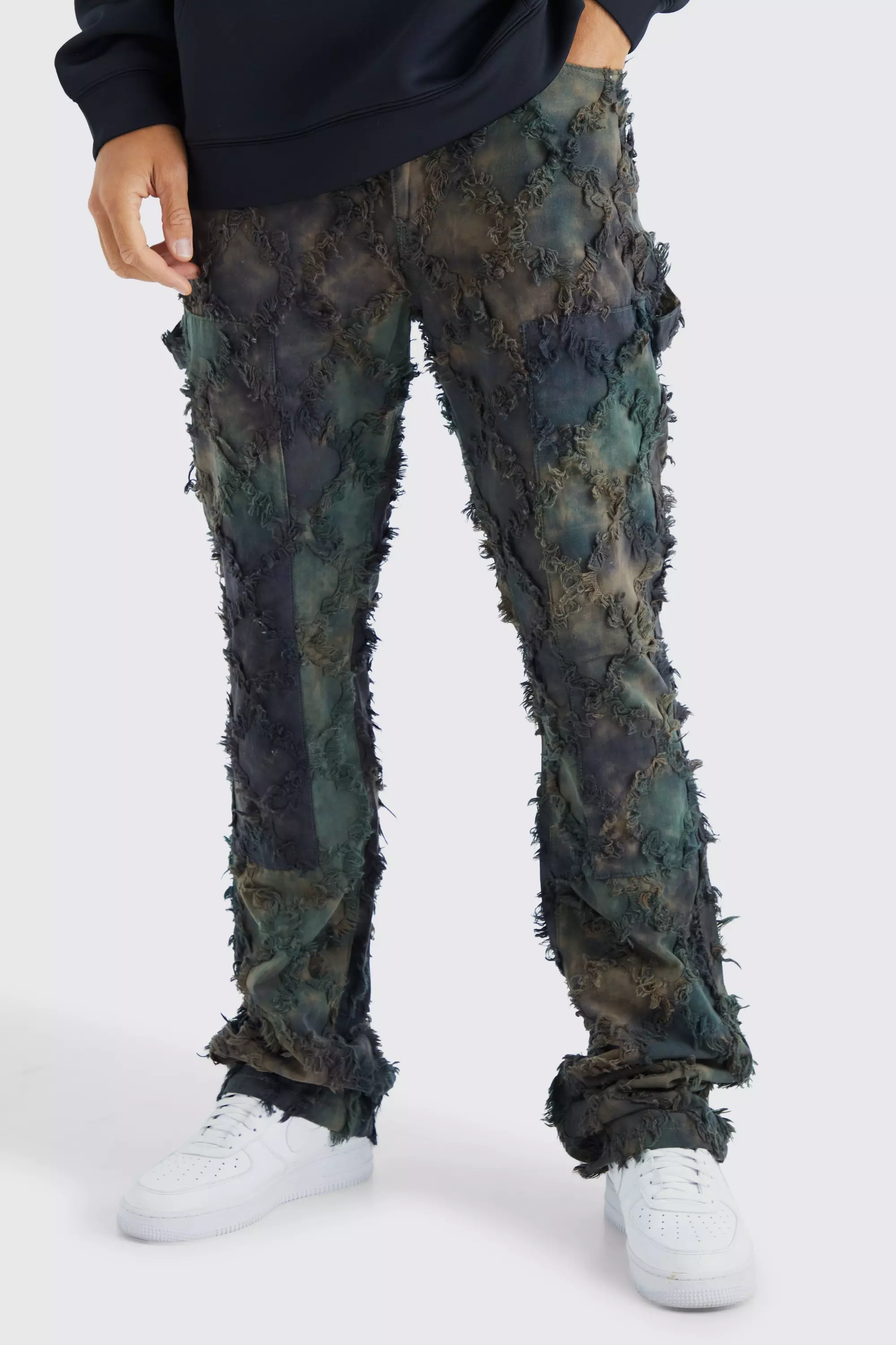 Tall Fixed Waist Slim Oil Camo Cargo Tapestry Pants Olive