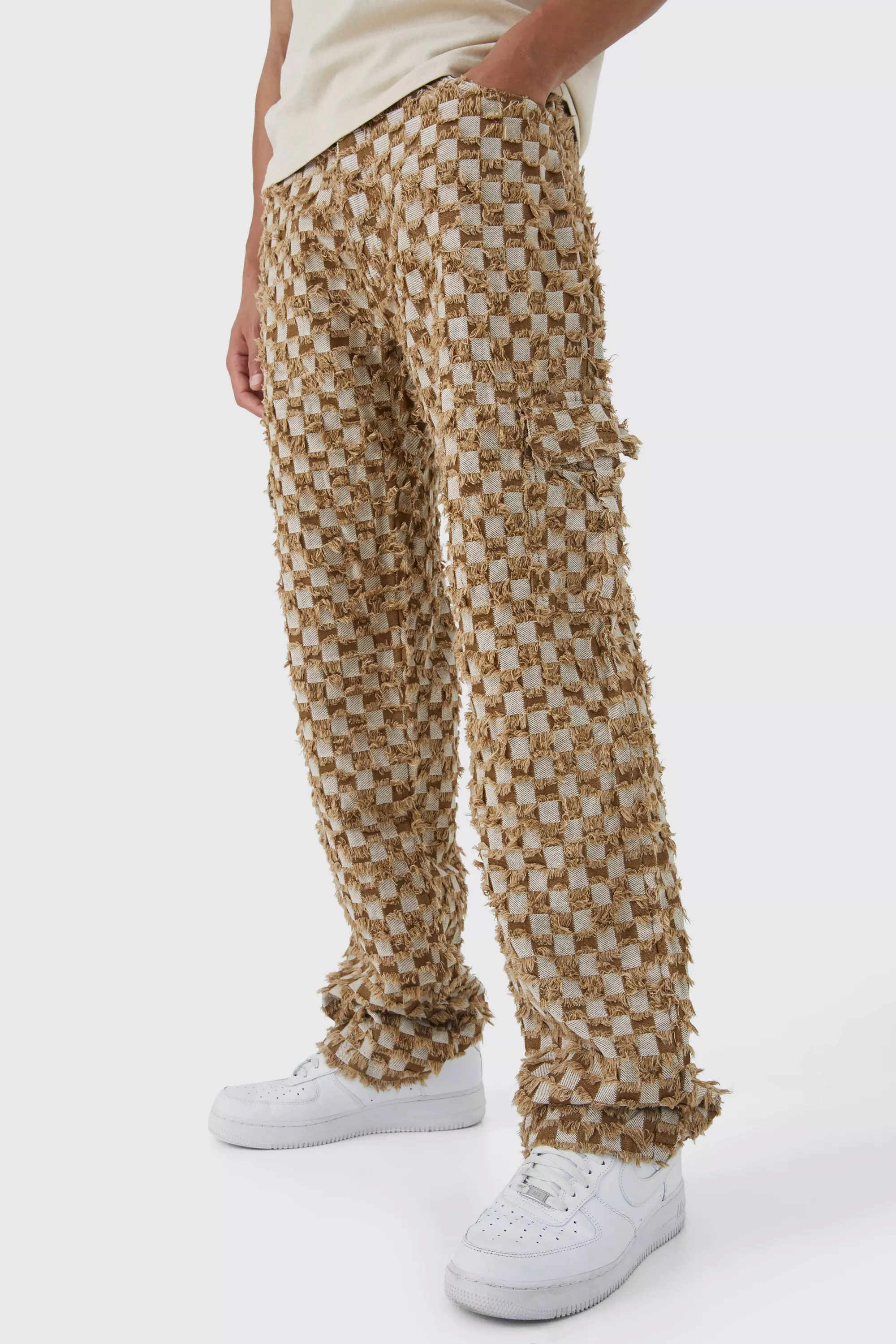 Chocolate Brown Tall Fixed Waist Relaxed Checked Tapestry Pants