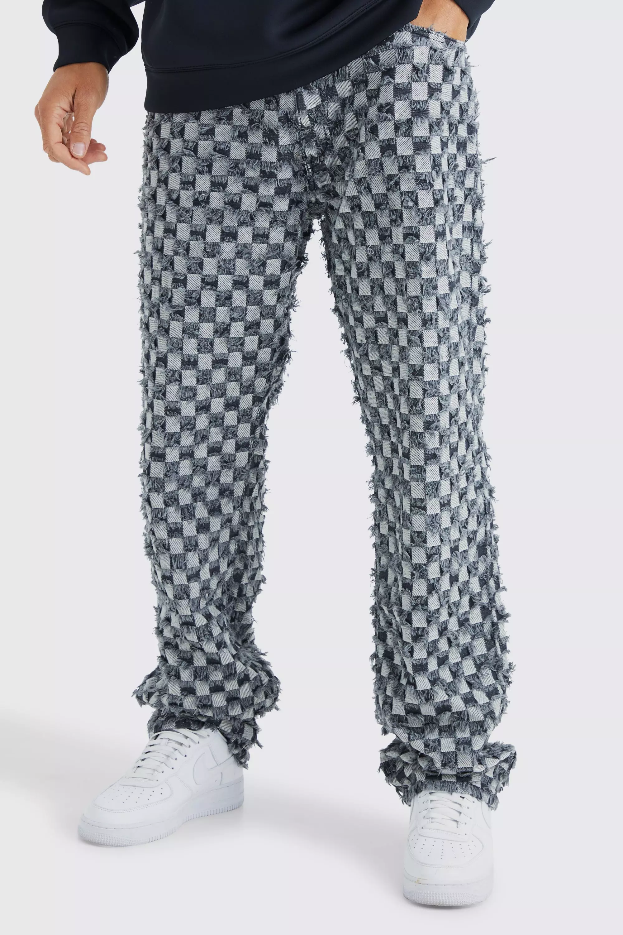 Charcoal Grey Tall Fixed Waist Relaxed Checked Tapestry Pants