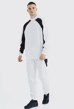 White Tall Zip Detail Colour Block Sweater Tracksuit