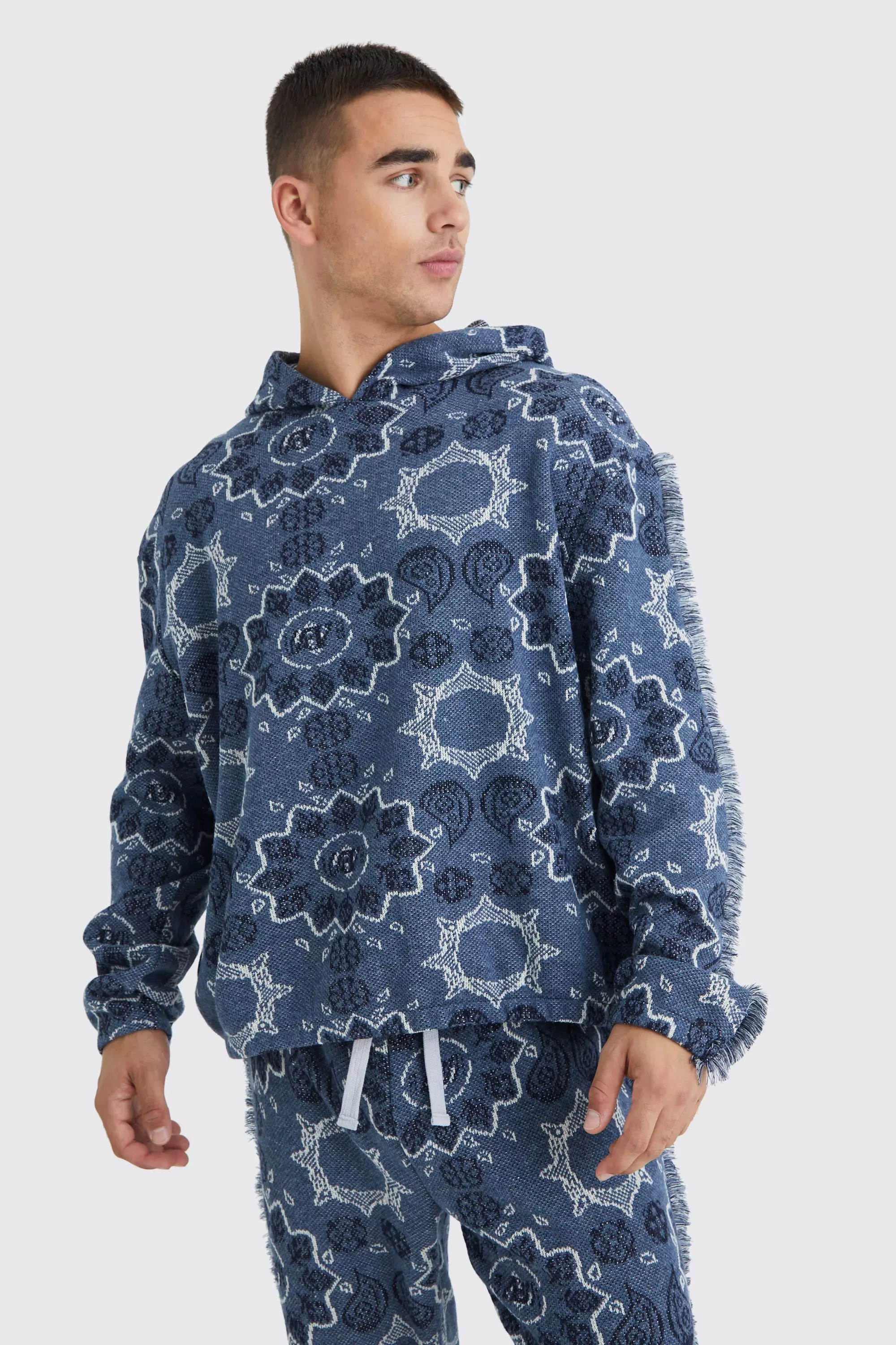 Oversized Fringed Heavyweight Jacquard Tapestry Hoodie Blue