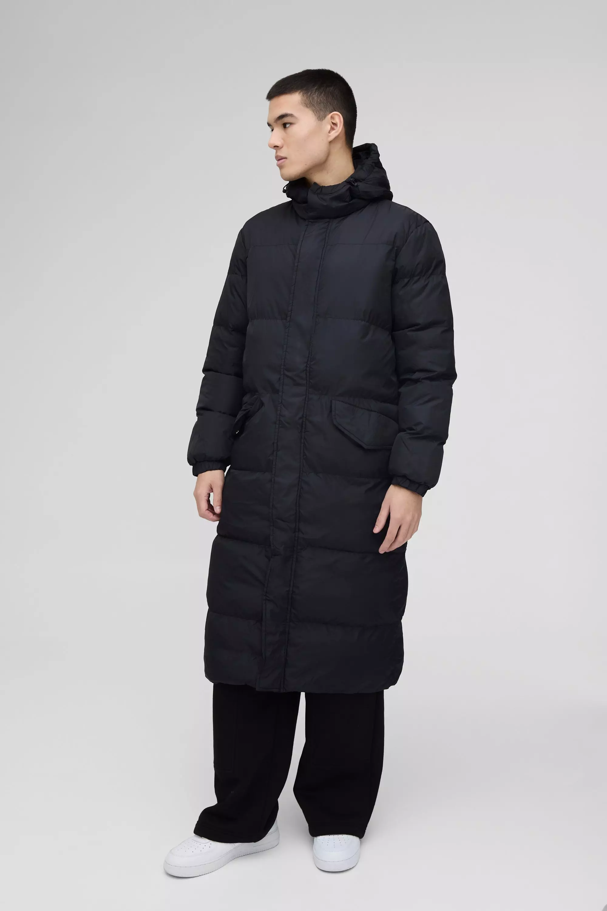 Black Gewatteerde Long Line Parka Jas Met Capuchon alternatieve afbeelding