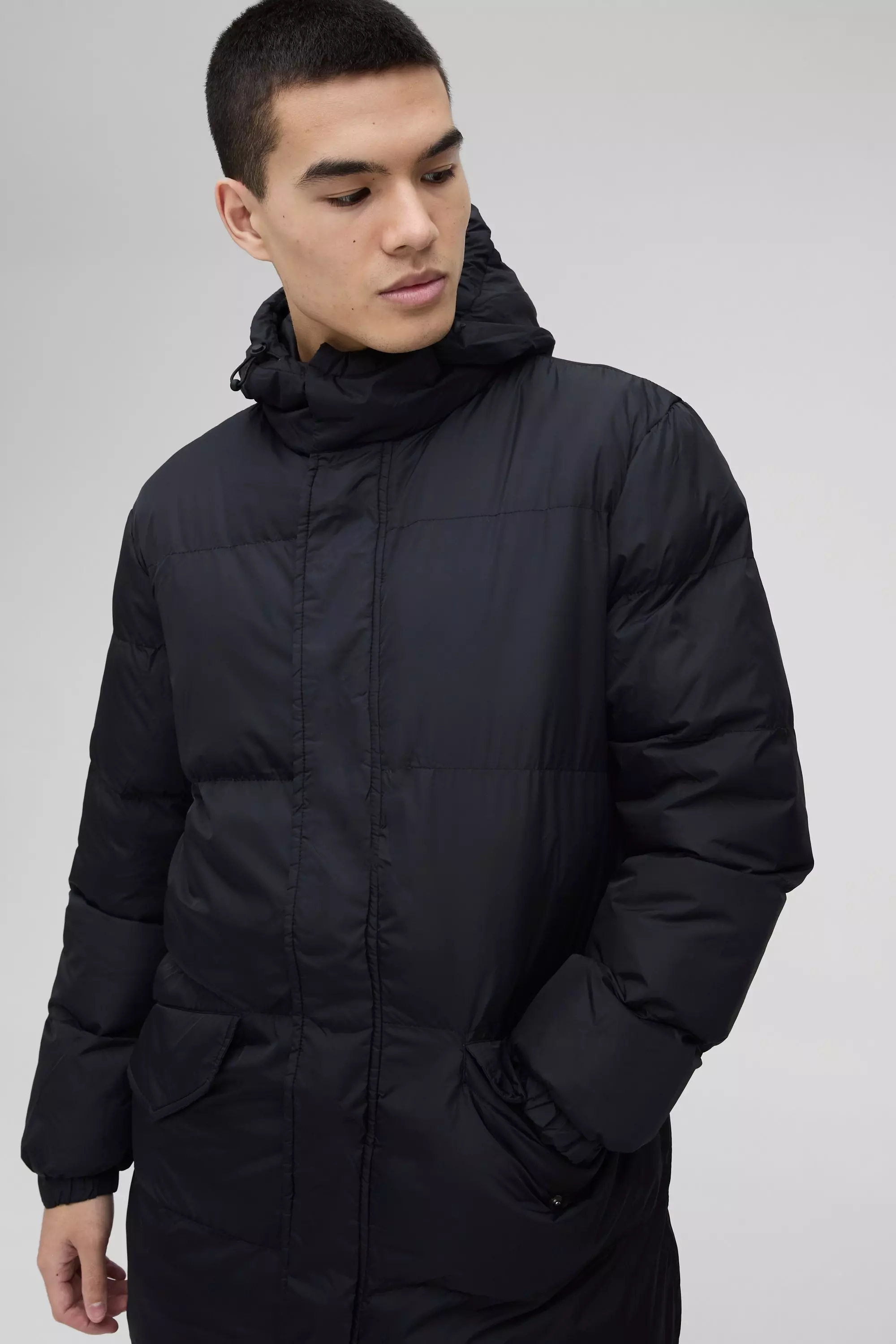 Black Gewatteerde Long Line Parka Jas Met Capuchon alternatieve afbeelding