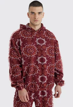 Red Tall Oversized Fringed Heavyweight Jacquard Tapestry Hoodie