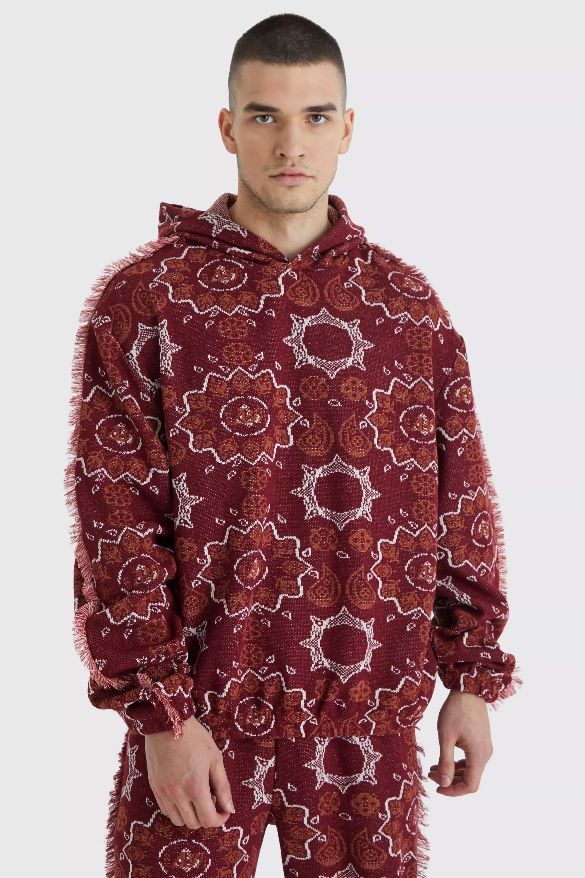 Tall Oversized Fringed Heavyweight Jacquard Tapestry Hoodie Red