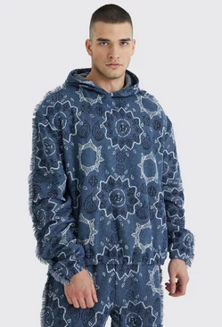 Blue Tall Oversized Fringed Heavyweight Jacquard Tapestry Hoodie