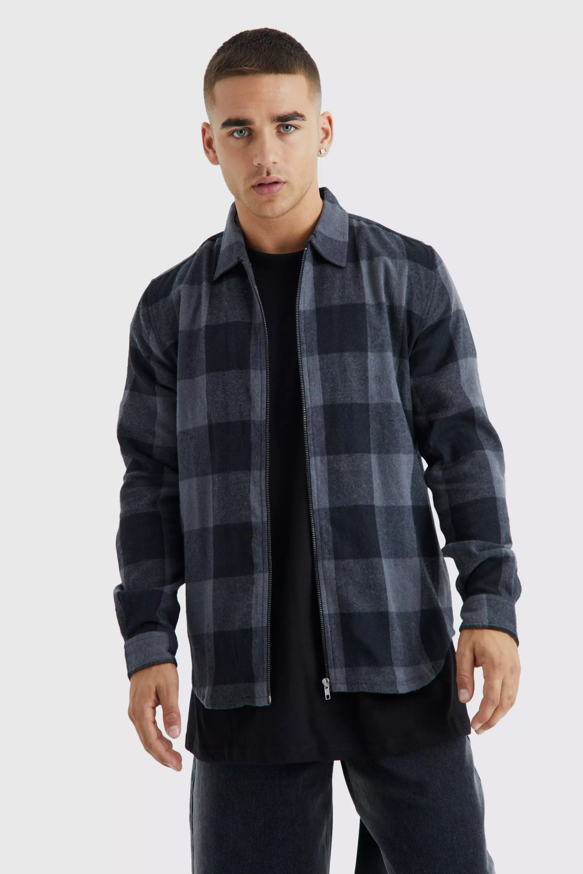 Longsleeve Check Flannel Zip Overshirt Charcoal