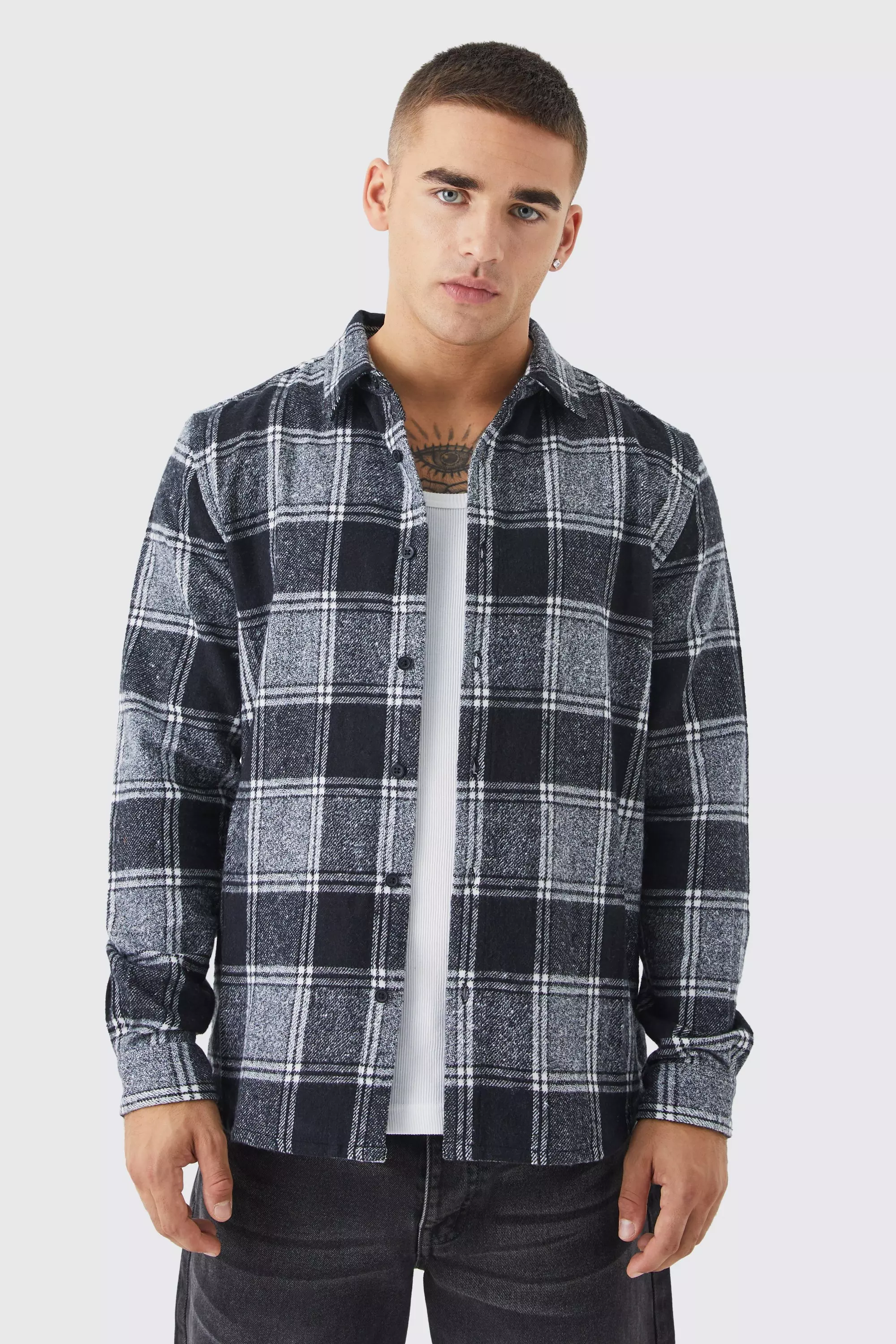 Longsleeve Oversized Check Flannel Overshirt | boohooMAN USA