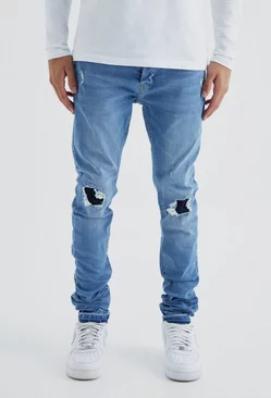 Blue Skinny Stacked Distressed Ripped Let Down Hem Jean