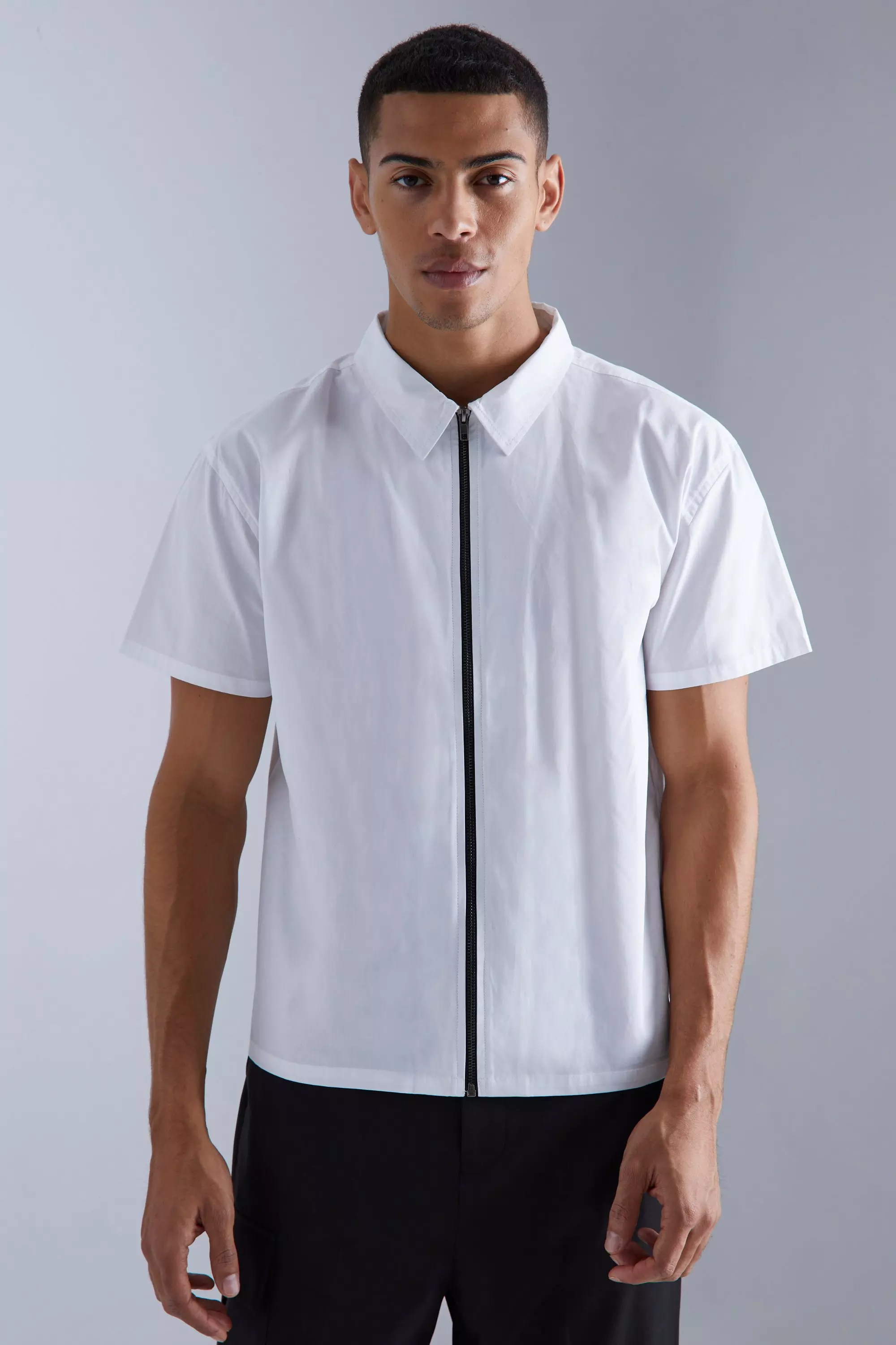Short Sleeve Boxy Zip Shirt White